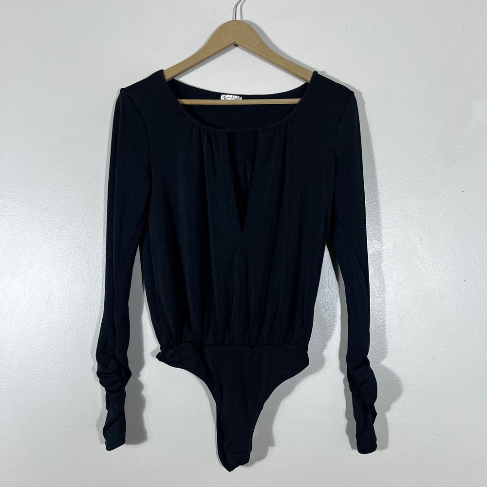 Free People Intimately Solid Bodysuit Black Dark Romance Ruched Sleeve Size XS